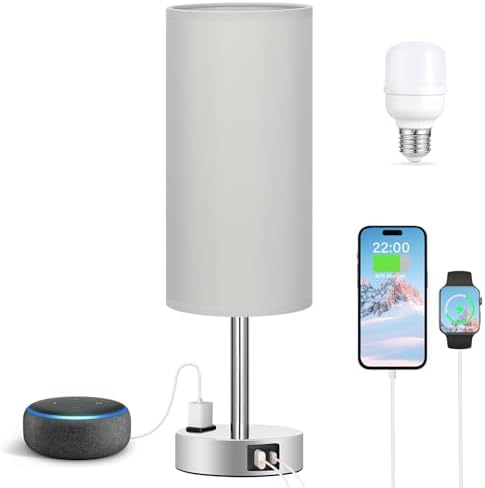 Fenmzee Grey Bedside Lamp for Bedroom, Dimmable Touch, USB A+C, AC Outlet - Image 6