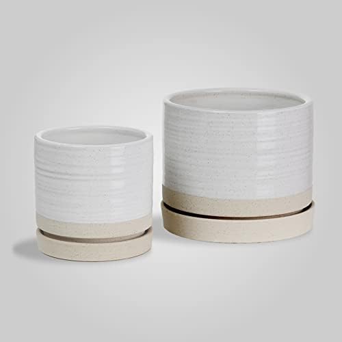 HERDUK 6 + 8 Inch Plant Pots, Ceramic Planter Pot with Drainage Hole & Saucer, Indoor/Outdoor Cylinder Round Planter Pot, Cream & Beige by Herduk