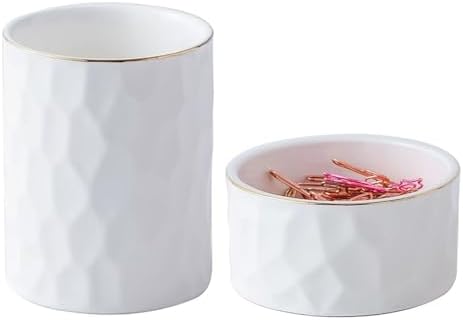 Aesthetic Desk Organizer Set of 2 For Office, Ceramic Pen Holder and Paper Clip Holder Dispenser, Cute Pencil Cup Pot for Desk, Desktop Accessories, Office Decor for women men Ideal Gifts (White Set) by YOSCO