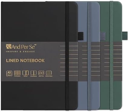 &And Per Se Lined Notebooks 3-Pack Gift Set, A5 Hardcover Journals, 160 Pages 100gsm Thick Paper, 3 Assorted Colors (Black, Blue, Green) by AndPerSe