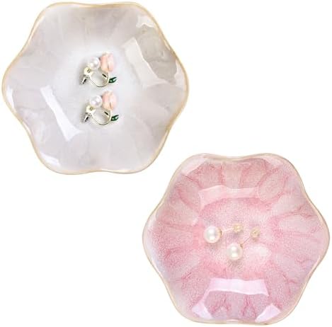 WHJY 2 Pack Ceramic Jewelry Dish 4.3 Inch Ring Holder for Women Decorative Lotus Flower Trinket Tray for Room Decor Pink and White Vanity Storage for Ring Earring Necklace by WHJY