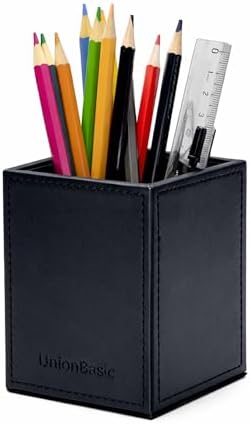 UnionBasic Square Pen Holder, Leather Pencil Cup, Desktop Caddy Stationery Organizer, Black by UnionBasic