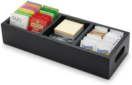 Moldie Multi-Purpose Matte Black Wood Organizer - 3 Compartment Solid Pine Tray for Office Desk Small Supplies, Luxury Tea Bag and Sugar Packet Caddy for Kitchen Countertop & Coffee Station by Unknown