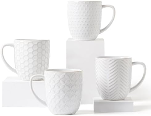FOBENTA Ceramic Coffee Mugs Set of 4, 16 oz Coffee Cups with Embossed Design – Perfect for Latte, Tea & Cocoa, Gift for Women, Mom & Friends by FOBENTA