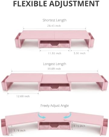 OPNICE Desk Organizers and Accessories, Dual Monitor Stand Riser with Drawer and 2 Pen Holders, Desk Shelf Printer Stand for Office Workspace Organizers, Desktop Organization (Light Pink) - Image 3