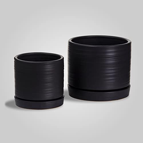 HERDUK 6 + 8 Inch Plant Pots, Ceramic Planter Pot with Drainage Hole & Saucer, Indoor/Outdoor Cylinder Round Planter Pot, Matte Black by Herduk