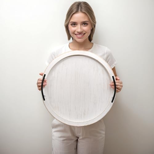 SwallowLiving 18Inch White Wooden Beaded Serving Tray with Handle Decorative Rustic Whitewashed Tray for Coffee Table Farmhouse Round Tray for Kitchen, Living Room and Bedroom - Image 2
