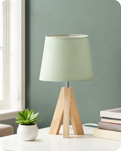 Tripod Table Lamp, Small Bedside Lamp with Wood Base & Green Fabric Shade, Little Cute Desk Lamp, Modern Nightstand Lamp for Bedroom, Kids Room, Living Room, Office, Corner, Green J51TL05 by GOEBLESON