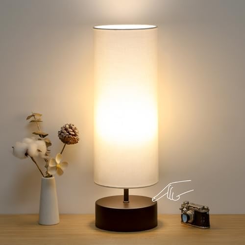 3 Way Dimmable Touch Control Table Lamp, Bedside Table Lamp with Dark Brown Base, Modern Nightstand Lamp with Beige Shade, Simple Night Light for Bedroom Living Room Home Office, 9W LED Bulb Included by Seasidevillage