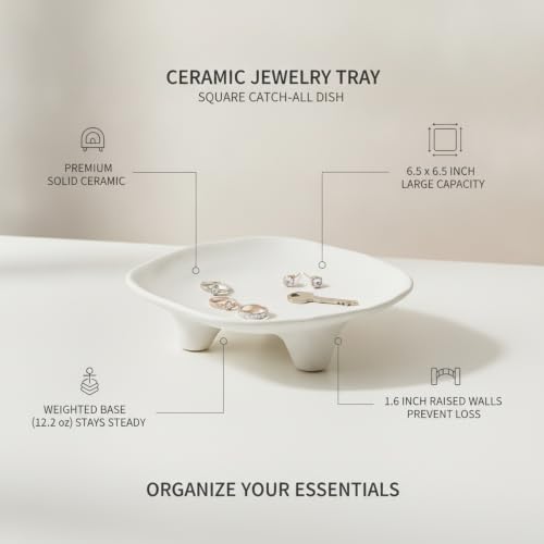 1 PC Ceramic Jewelry Tray, Square Catch-All Dish for Rings and Keys, Vanity Organizer with Raised Walls for Nightstand or Entryway - Image 4