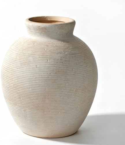 Retro Ceramic Vase, 7.5 Inch Off-White Farmhouse Rustic Pot, Vintage Table Centerpiece for Living Room, Dining Room Office Desk Bookshelf & Fireplace Decor by Zipper