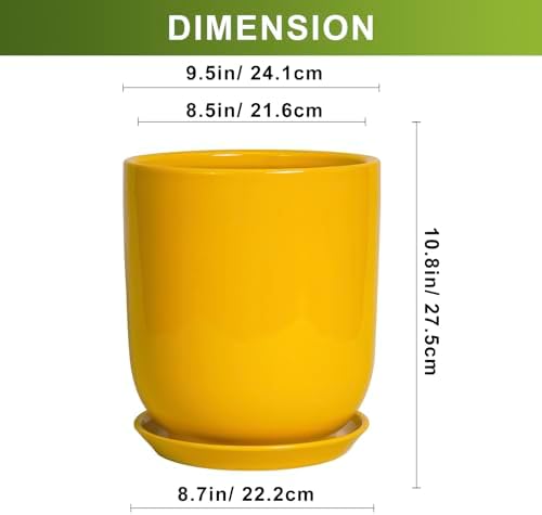 Ceramic Pot for Plants - 10 Inch Plant Pot Indoor with Drainage Hole and Saucer Large Planter for Outdoor Plants Cylinder Decorative Flower Pot Yellow - Image 3
