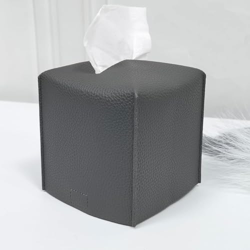 HOMOTEK 1 Pack Tissue Box Cover, Square PU Leather Tissue Holder, Decorative Facial Tissue Cube Paper Organizer Dispenser for Bathroom, Night Stands, Desk, Car 5X5X5'' - Beige, Pebble Grain by HOMOTEK