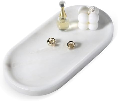 Koville African Natural White Marble Decorative Tray, 10" x 5" Marble Vanity Tray for Bathroom Countertop Organizer Stone Trays, Catchall Tray for Perfume, Candles, Jewelry (Namib Bianco White) by Koville