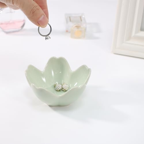 Flower Ring Dish Holder,Jewelry Dish Tray,Small Trinket Tray,Jewelry Plate Bowl,Key Bowl,Decorative Plate,Mothers Day Birthday Gifts for Women Mom Friends,Ceramic Kiln effect Green - Image 2