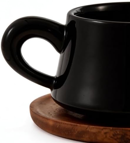 Black Cappuccino Mug and Wood Saucer - 7 oz Ceramic Coffee Cup with Saucer | Microwave Dishwasher Safe | For Tea, Espresso, Latte | Porcelain Cup Set for Kitchen Cafe | Great Gift - Image 6