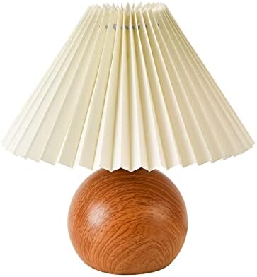 KUNJOULAM Cute Small Pleated Lamp, Modern Bedside Nightstand Light with Beige Lampshade, Wooden Pattern Metal Base Desk Lamp for Bedroom, Home Office, Living Room by KUNJOULAM