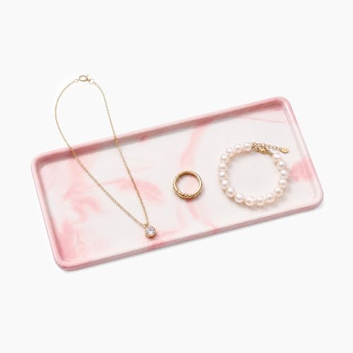 8″ x 3.7″ Ceramic Vanity Tray, Decorative Rectangular Organizer for Bathroom Countertop, Dresser Top, Kitchen & Bathtub, for Soap, Perfume, Candle, Jewelry & Cosmetics (Marble-Pink) by BLESWIN