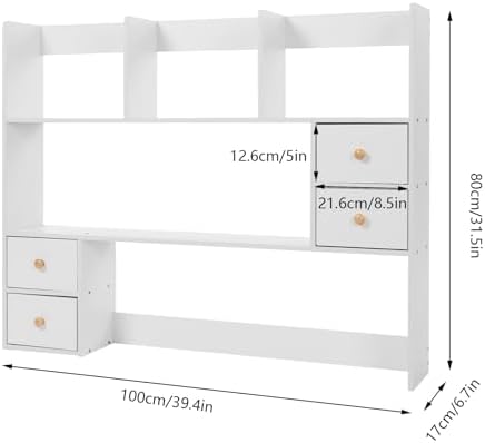 Desk Organizer with Drawers Desk Shelf Desk Hutch Tabletop Shelf with Drawers Desktop Hutch with Storage Desktop Bookshelf for Home Office Dorm Wood (39.4x6.7x31.5in) - Image 3