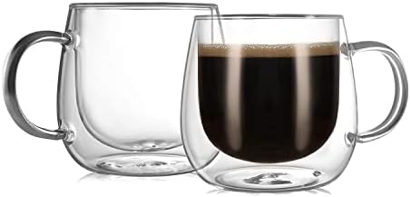 CNGLASS 10oz Double Walled Glass Coffee Mugs(2-pack),Clear Coffee Cups with Handle,Glass Espresso Mugs for Latte,Cappuccino,Tea by CNGLASS