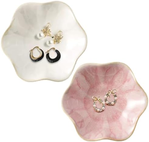 2 Pack Lotus Leaf Shape Ceramic Jewelry Tray - White, Pink by Alshurlife