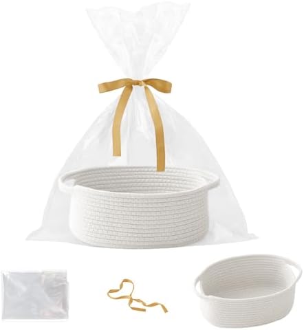White Woven Rope Basket,Baby Gift Basket with Bag & Ribbon by HZFTJOY