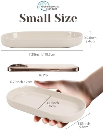 INGOFIN 7" Ceramic Bathroom Vanity Tray Set- 2 Pcs Bathroom Organizer Countertop Tray for Perfume, Jewelry, Small Kitchen Counter Soap Tray, Decorative for Bathroom Vanity and Toilet Tank, Beige - Image 2