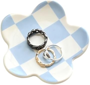 Blue Checkered Jewelry Dish, Cute Ceramic Flower Trinket Tray for Rings & Earrings, Trendy Teen Girls Birthday Gifts, Aesthetic Room Decor for Nightstand Vanity Bathroom Sink & Dorm Desk, 3.8" by OVENKEI