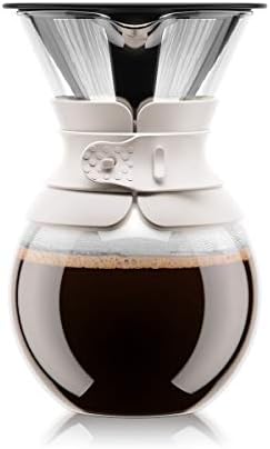 Bodum 34 oz Pour Over Coffee Maker, High-Heat Borosilicate Glass with Reusable Stainless Steel Filter and White Band - Made in Portugal by Bodum