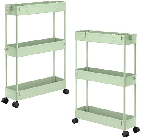 2 Pack 3 Tier Slim Storage Cart, Bathroom Rolling Utility Organizer by Home