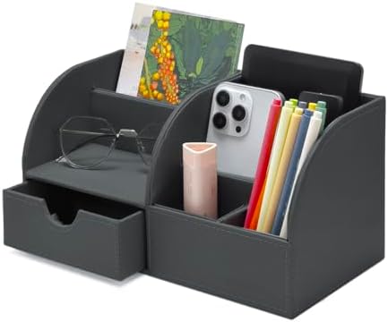 UnionBasic Desk Organizer - Multifunctional Leather Desktop Pen Holder Storage Box - Business Card/Pen/Pencil/Mobile Phone/Stationery Holder, Taiga Dark Gray by UnionBasic