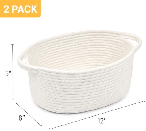 Small Woven Cotton Rope Baskets with Handles, Set of 2, White - Image 5