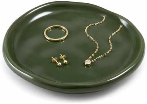 Jewelry Dish, Vintage Green Ceramic Round Shallow Ring Tray by Unknown