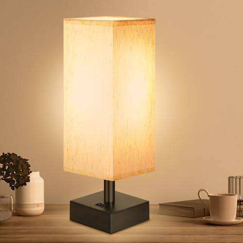 DEGNJU Small Lamp for Bedroom, Bedside Lamps for Night Stands, Mini Minimalist Table Lamp With Square Flaxen Fabric Shade, 11 Inch Desk Reading Lamp for Dorm Living Room Office, 1 Pack by DEGNJU