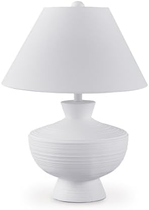 Signature Design by Ashley Harelwood Modern White Textured Table Lamp, 3-Way Switch, Plastic and Polyresin Sculptural Base with Cotton Fabric Shade, Living Room & Bedroom, Sanded White, 24" H by Unknown