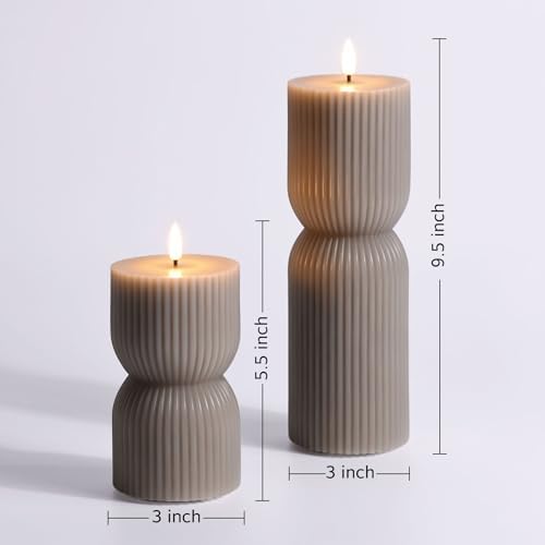 Taupe Ribbed Flameless Pillar Candles with Remote Set of 2 - Image 2