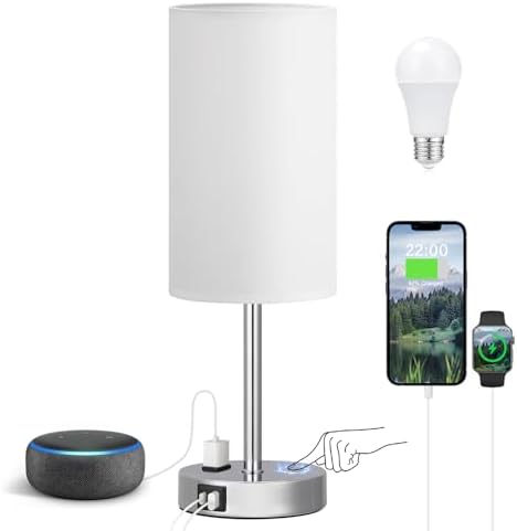 Fenmzee 17.4" White Lamp for Bedroom - Dimmable Touch, USB A+C, AC Outlet by Fenmzeelighting
