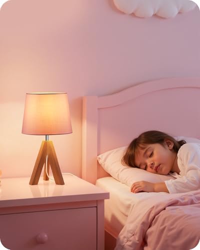 Pink Table Lamp, Small Tripod Table Lamp, Boho Bedside Lamp with Pink Linen Shade & Wood Base, Modern Nightstand Lamps, Little Cute Desk Lamp for Girls Room, Kids Room, Bedroom, P51TL05 - Image 2