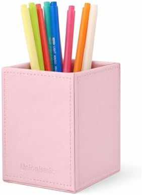 UnionBasic Square Pen Holder, Leather Pencil Cup, Desktop Caddy Stationery Organizer, Taiga Pattern Leather, Pink by UnionBasic