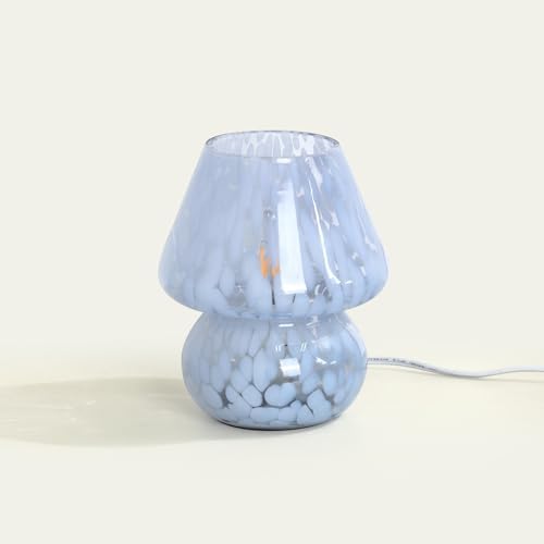 ONEWISH Mushroom Lamp Small Bedside Table Lamp-Nightstand Nightlight Dimmable Stepless, Translucent Glass Desk Lamp for Bedroom Dorm Living Kitchen, Murano Style Aesthetic Cute Home Decor(Blue) by onewish