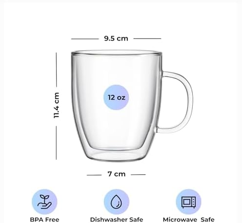 Lucco Double Walled Glass Coffee Mugs (Set of 4) - 12 oz Borosilicate Cups for Hot or Cold Drinks, Insulated Latte, Tea & Espresso Cups - Image 2