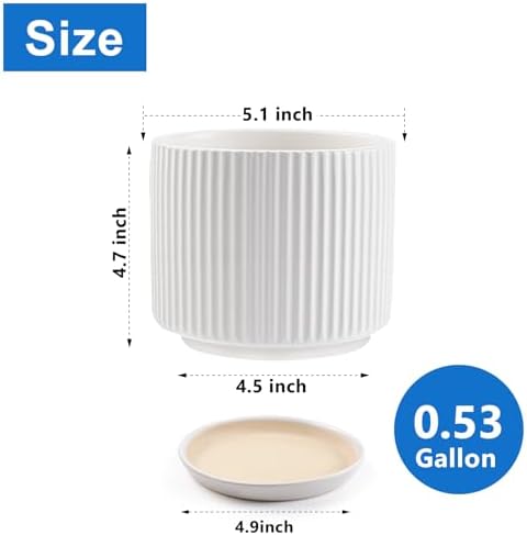 Ceramic-5.1-inch-Flower-Pots-with-Saucer, Small Planters for Indoor Plants with Drainage Hole, White Textured Vertical Stripe Plant Pots for Home Decor, Garden Pot For Succulent Cactus Mint Basil Herb - Image 3