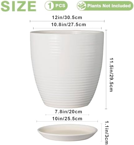 12 Inch Ceramic Planter Pot, Large Planter with Drainage Hole and Saucer Round Flower Pot for Indoor Outdoor Plants, White - Image 3