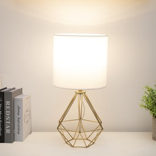 Gold Modern Small Table Lamp for Bedroom & Living Room - Geometric Metal Base, White Fabric Shade, Ideal for Bedside & Kids' Desk, Nightstand Lamp - Image 3