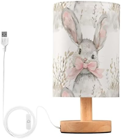 Fustylead Cute Bunny Wearing Pink Bow Table Lamp for Bedroom USB Port Lamps Small Accent Table Lamp Nightstand Lamp Sturdy Linen Shade Wooden Base Decorative Lamps for Bedside Reading|Kids|Dorm|Home by Fustylead