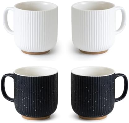 Black and White Ceramic Coffee Mugs Set of 4 (12 oz) Large Ceramic Coffee Cups Set Ribbed Coffee Mugs Set, Big Mugs Set with Handle Suitable for Latte, Cappuccino, Milk, Cocoa, Tea, Juice by KAITOER