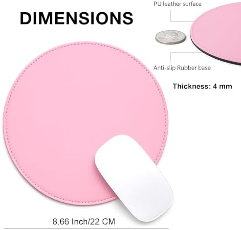 ProElife Round Mouse Pad, PU Leather Pink Desk Mat, Non-Slip Base, 8.66" - Image 3