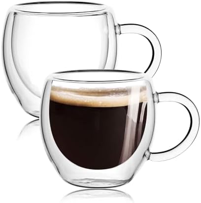 Espresso Cups Set of 2 With Handle,2.5oz Clear Expresso Shots Cup,Espresso Shot Glasses,Double Wall Insulated Expresso Mugs,Tazas de Cafe Expreso,Microwave Dishwasher Safe,Suit for Espresso Machine by Wells