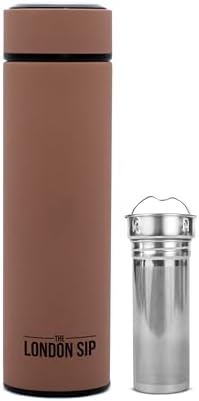 The London Sip 16.9 oz Multi-Purpose Tea Infuser Mug – Fruit Infuser Water Bottle for Hot and Cold – Double Wall Stainless Steel Insulated, Mocha Brown by TheLondonSip