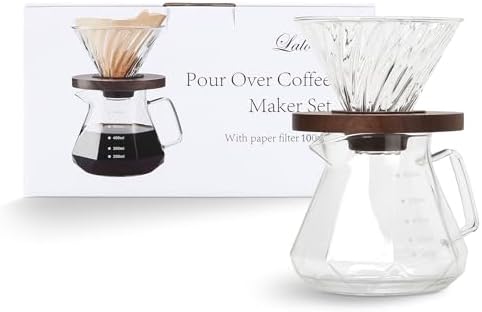 Lalord Pour Over Coffee Maker, 20 oz Borosilicate Glass Carafe with 100 pcs V60 Paper Filter, Walnut Handle & Glass Lid, Drip Coffee Maker for Home Café Restaurant Camping, 600 ml, Clear - Image 4